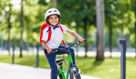 Happy african american child schoolboy in a helmet and with a briefcase rides a bike to schoolの写真素材