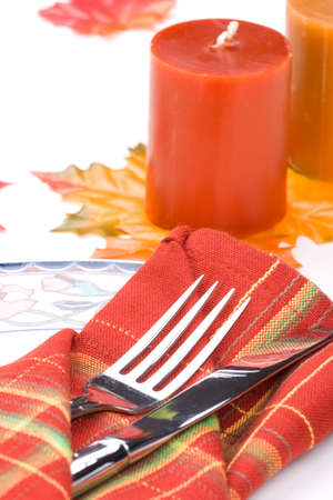 Closeup of silverware for fall festive theme dinner table arrangementの写真素材
