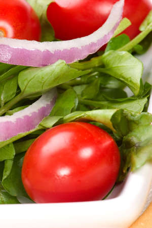 Watercress salad with cherry tomatoes, sweet red onions and olive oil dressingの写真素材