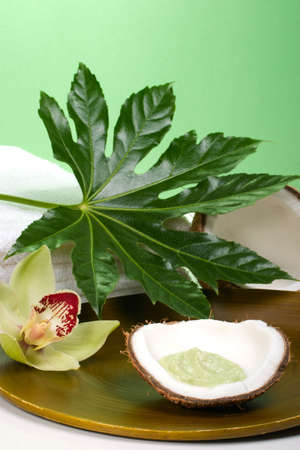 Avocado coconut scrub in coconut shell, orchid flower (Cymbidium sp.), tropical plant and soap. Suited for relaxing and health commercialsの写真素材