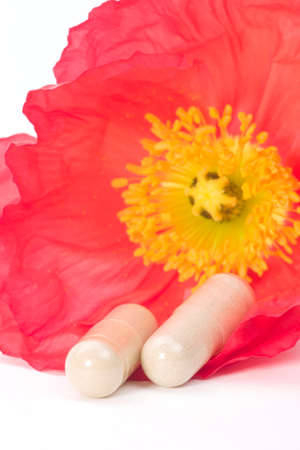 Close-up of herbal supplements capsules on fresh poppy flower. の写真素材