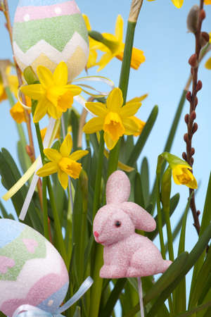 Basket of daffodils and easter eggsの写真素材