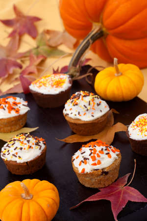 Full plate of just baked whole grain home made muffins in fall environment.の写真素材