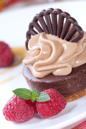 Delicious chocolate cheesecake served with fresh raspberries and mint. の写真素材
