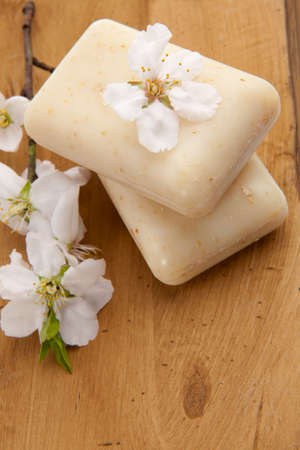 Spa set - organic almond soap and almond flowers. best suited for relaxing and health commercialsの写真素材