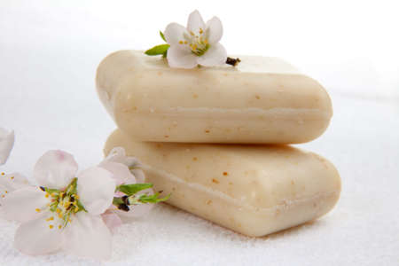 Spa set - organic almond soap and almond flowers. best suited for relaxing and health commercialsの写真素材