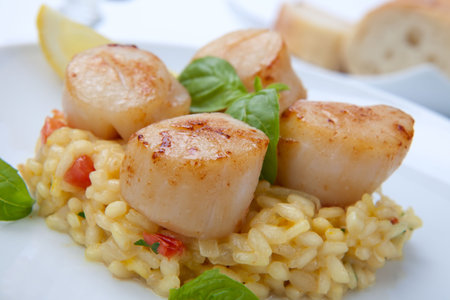 Plate of Scallops Risotto garnished with fresh basil, glass of white wine and bread.の写真素材