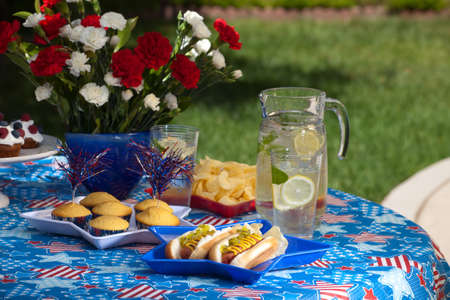 Cornbread and hot dogs on 4th of July in patriotic themeの写真素材