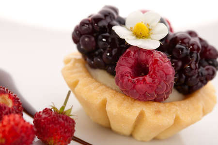 Closeup of delicious berry cake garnished with fresh wild strawberriesの写真素材