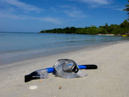 View on tropical beach in quite private lagoon and blue skyの写真素材
