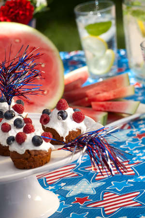Cornbread and muffins on 4th of July in patriotic themeの写真素材