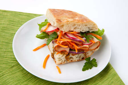 Delicious Turkey Breast Sandwich - rosemary ciabatta bread, turkey breast, whole grain mustard dressing, carrots, radish, red onion and parsley.の写真素材