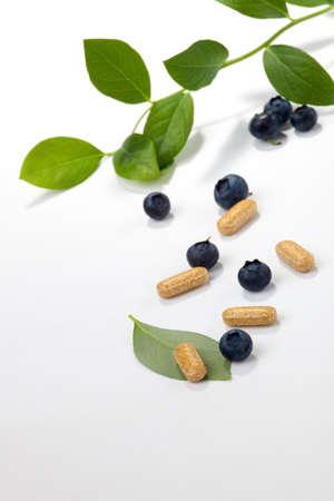 Bilberry extract pills and fresh berries and leaves best suited for alternative medicine adsの写真素材