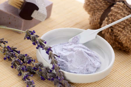 Spa set - fresh lavender, organic lavender scrub and soap on bamboo mat. Best suited for relaxing and health commercialsの写真素材