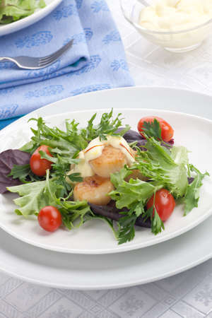 Closeup of a plate of scallops, cherry tomatoes and spring mix salad with Saffron dressing.の写真素材