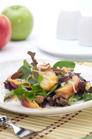 Closeup of salad with grilled apples, baby spinach, pecans, spring mix and chedar cheese served for healthy lunchの写真素材