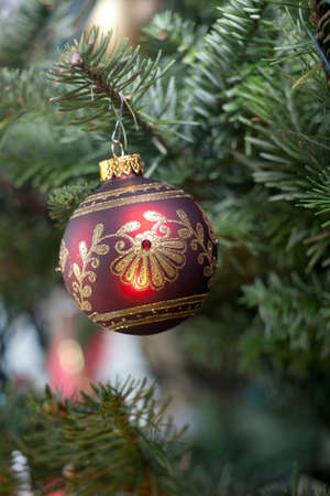Glass shiny Christmas ornament on a Christmas tree branch.の写真素材