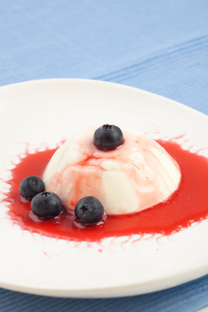 Closeup of Vanilla Panna Cotta Dessert garnished with blueberries.の写真素材