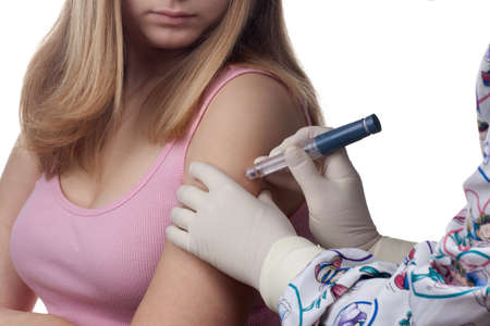 Diabetes patient got an insulin injection by nurse over white background の写真素材