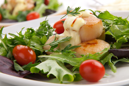 Two plates of scallops, cherry tomatoes and spring mix salad with Saffron dressing の写真素材