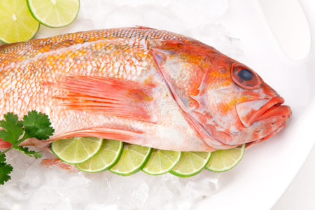 Closeup of fresh raw whole rockfish on ice ready for cooking
