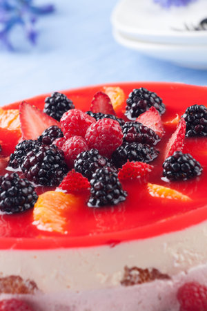 Fruit yogurt cake  Cream and yogurt based fruit filling topped with jelly  Raspberries,...