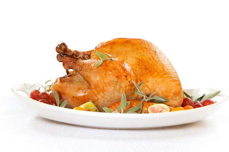 Roasted turkey on tray garnished with red grapes, figs, kumquat, and herbs over white の写真素材