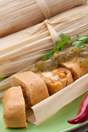 Assorted Mexican dishes, with chicken tamales with green salsa as the main subject.の写真素材