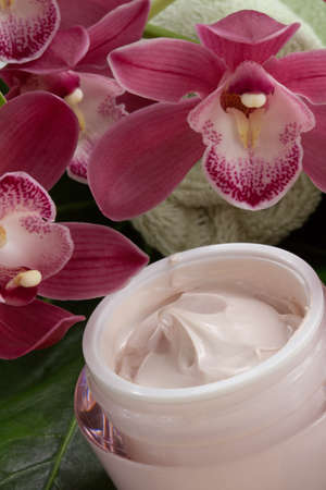 Dark pink blooming Cymbidium orchid flowers and moisturizing face cream for everyday.の写真素材