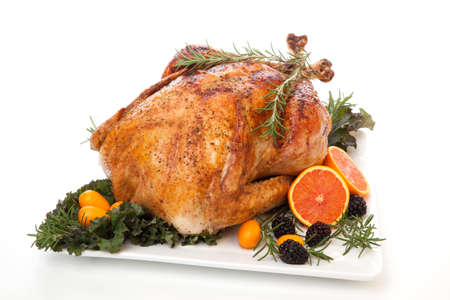 Roasted stuffed turkey garnished with fresh fruits and herbs for holiday dinner.の写真素材