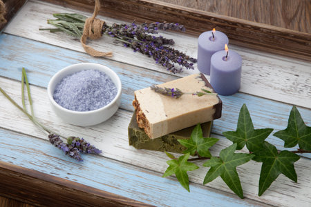 Spa set - handmade organic soap, fresh lavender, and bath salt. Scented candles. Best suited for relaxing and health commercialsの写真素材