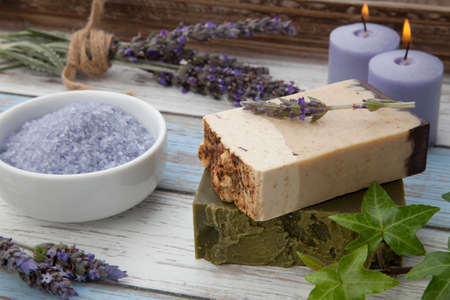 Spa set - handmade organic soap, fresh lavender, and bath salt. Scented candles. Best suited for relaxing and health commercialsの写真素材
