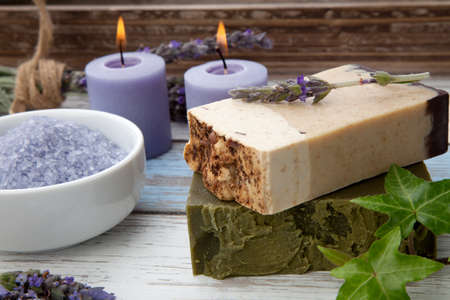Spa set - handmade organic soap, fresh lavender, and bath salt. Scented candles. Best suited for relaxing and health commercialsの写真素材