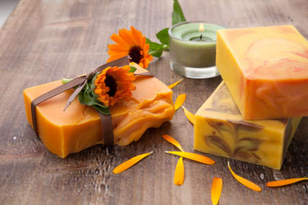 Spa set - handmade organic soap and fresh calendula. Best suited for relaxing and health commercials.の写真素材
