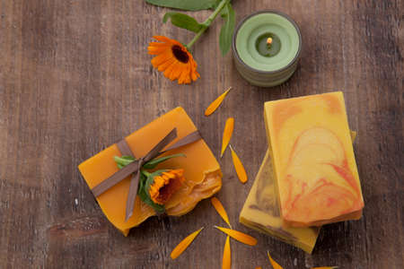 Spa set - handmade organic soap and fresh calendula. Best suited for relaxing and health commercials.の写真素材