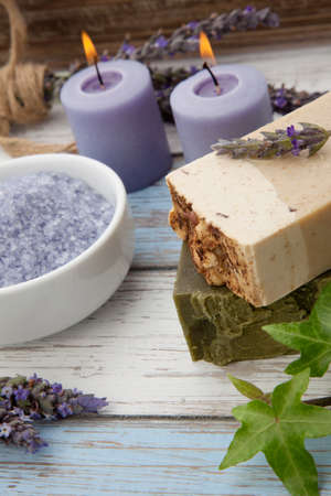 Spa set - handmade organic soap, fresh lavender, and bath salt. Scented candles. Best suited for relaxing and health commercialsの写真素材