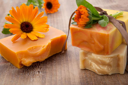 Spa set - handmade organic soap and fresh calendula. Best suited for relaxing and health commercials.の写真素材