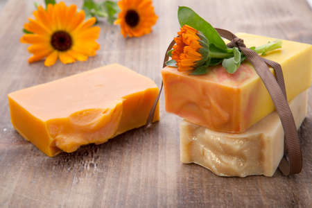 Spa set - handmade organic soap and fresh calendula. Best suited for relaxing and health commercials.の写真素材