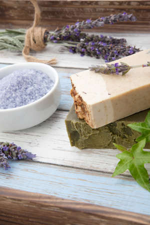 Spa set - handmade organic soap, fresh lavender, and bath salt. Scented candles. Best suited for relaxing and health commercialsの写真素材