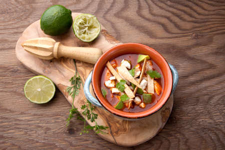 Bowl of hot delicious spicy chicken tortilla soup garnished with crumbled queso fresco cheese, diced avocado, and fresh cilantro.の写真素材