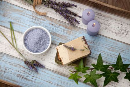Spa set - handmade organic soap, fresh lavender, and bath salt. Scented candles. Best suited for relaxing and health commercialsの写真素材