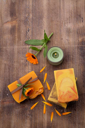Spa set - handmade organic soap and fresh calendula. Best suited for relaxing and health commercials.の写真素材
