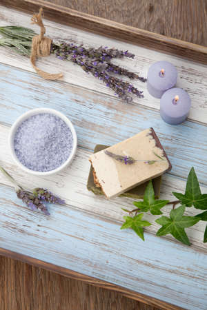 Spa set - handmade organic soap, fresh lavender, and bath salt. Scented candles. Best suited for relaxing and health commercialsの写真素材