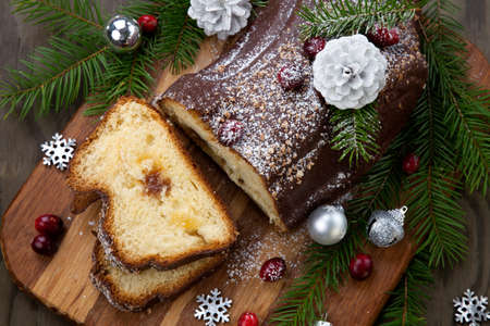 Traditional Christmas chocolate yule log cake with cranberry, Christmas ornamets, and decorations.の写真素材