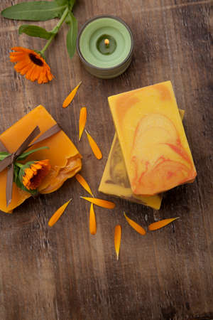 Spa set - handmade organic soap and fresh calendula. Best suited for relaxing and health commercials.の写真素材