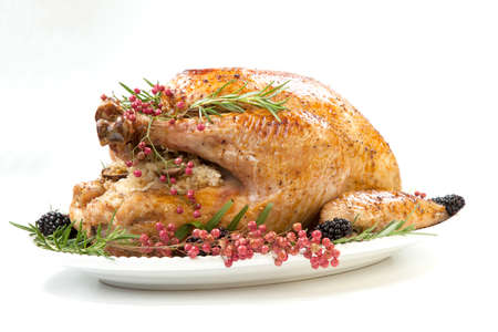 Thanksgiving pepper roasted turkey garnished with blackberry and pink peppercorn on white.の写真素材