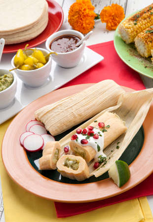 Plate of cheese and jalapeno tamales garnished with sour cream, pomegranate seeds, and reddish. Spicy grilled corn, tortilas, hot salsa, guacamole, and marinated hot pepper. Mexican food.の写真素材