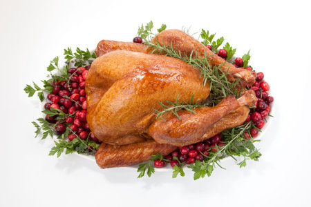 Smoked turkey on a tray garnished with fresh cranberries and herbs over white background. Thanksgiving or Christmas theme.の写真素材