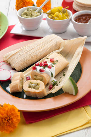Plate of cheese and jalapeno tamales garnished with sour cream, pomegranate seeds, and reddish. Spicy grilled corn, tortilas, hot salsa, guacamole, and marinated hot pepper. Mexican food.の写真素材