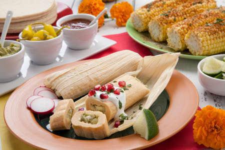 Plate of cheese and jalapeno tamales garnished with sour cream, pomegranate seeds, and reddish. Spicy grilled corn, tortilas, hot salsa, guacamole, and marinated hot pepper. Mexican food.の写真素材